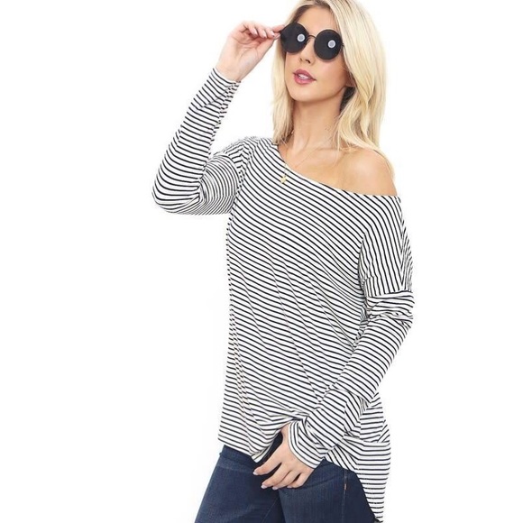 Striped Off-the-Shoulder Boat Neck Top - Picture 2 of 5